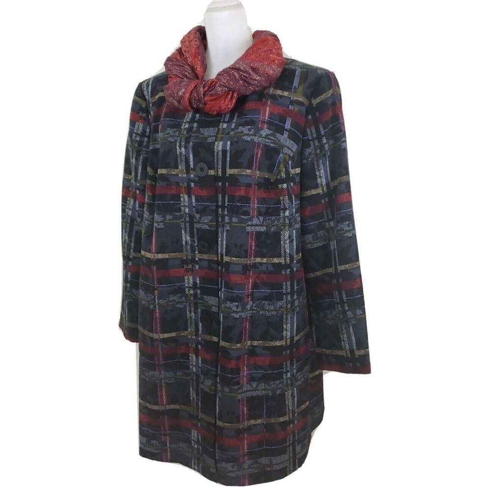 Nine West~ Woman Plus Size 18W~ Black/Red Plaid Trench Coat Long Sleeve Lined.
